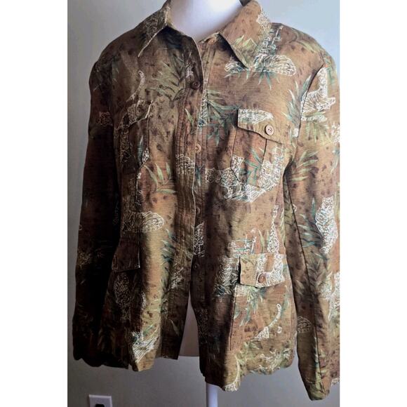 Silkland Women's Size XL 100% Silk Leopard Cat Safari Blouse Jacket Pockets EUC - Picture 1 of 7